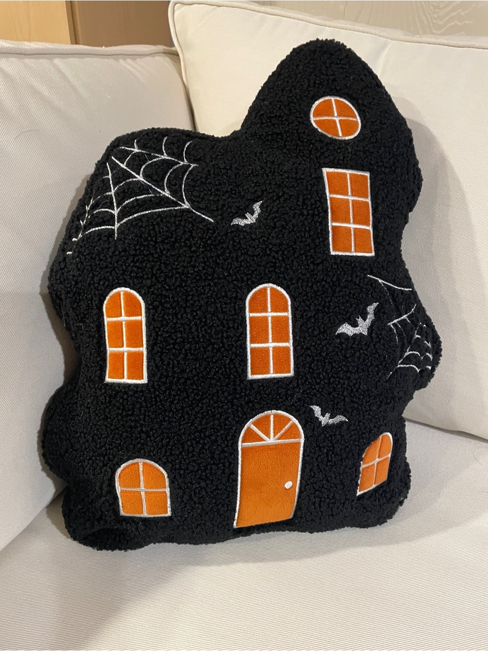 NWT Faux Fur Black Haunted House Pillow with Orange Window Accents 15” Tall